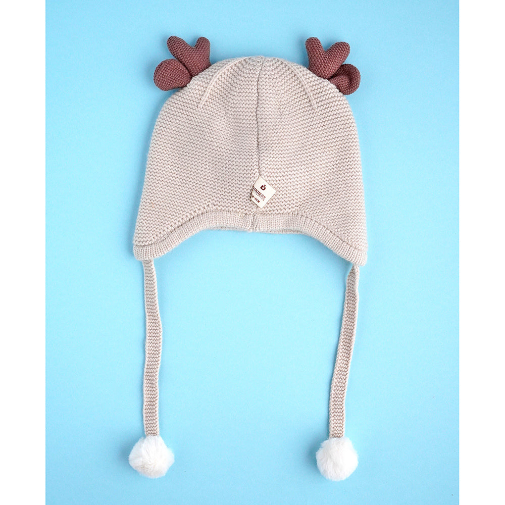 Cream Baby Antler Knitted soft Woolen Winter Cap with tie up, 6-18 months