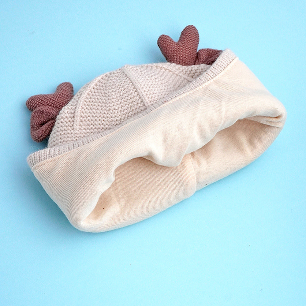 Cream Baby Antler Knitted soft Woolen Winter Cap with tie up, 6-18 months