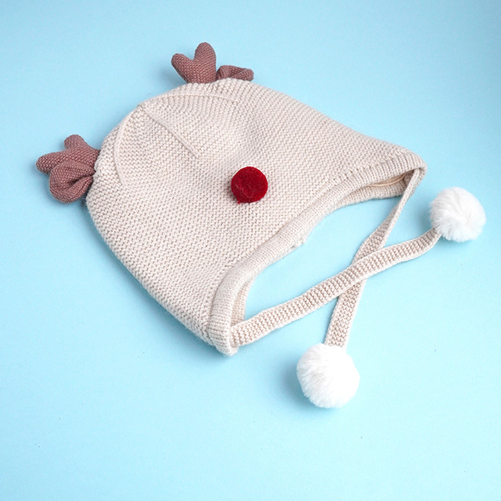 Cream Baby Antler Knitted soft Woolen Winter Cap with tie up, 6-18 months