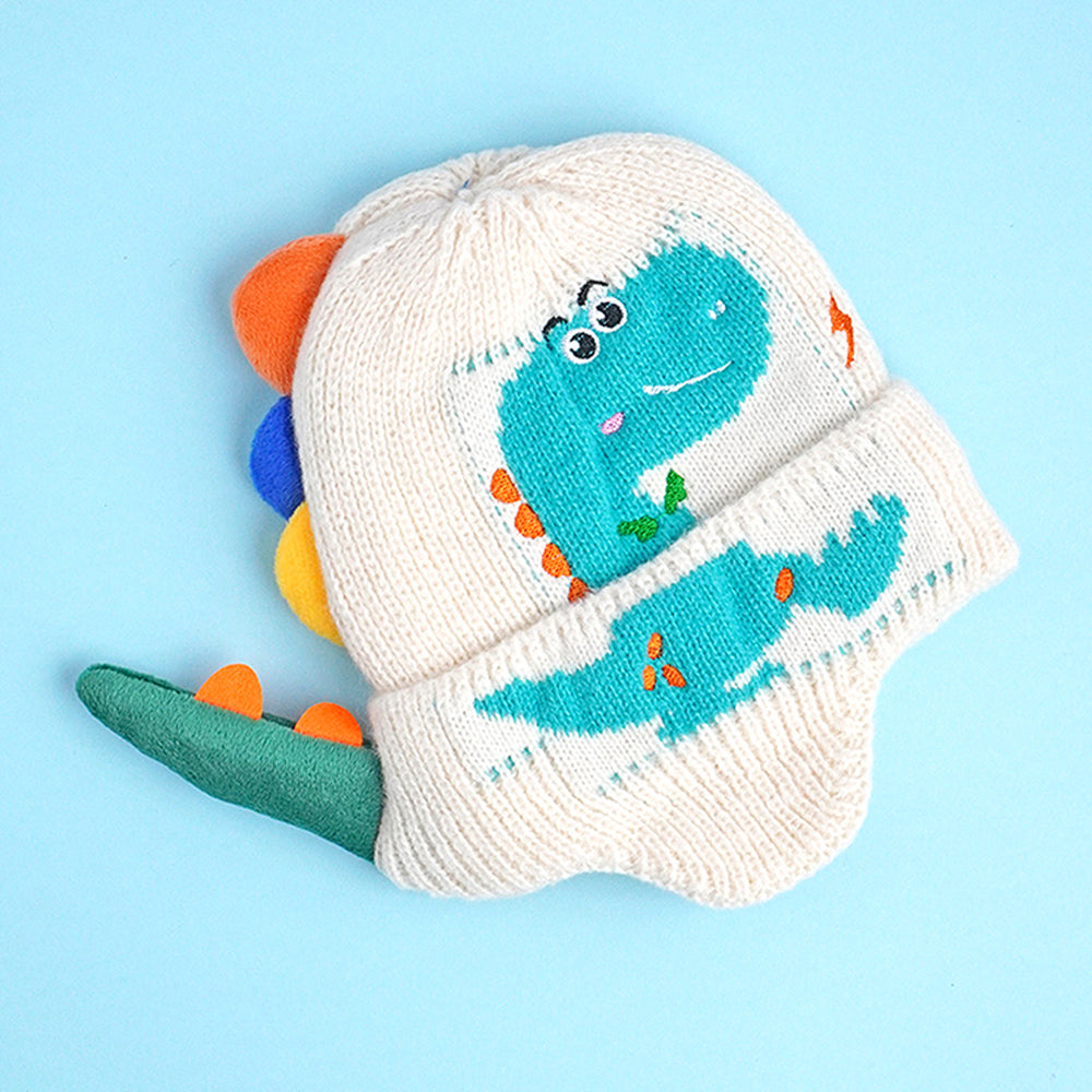 Cream 3d head and Tail Knitten woolen Winter Cap & Beanie, 3-10 Years