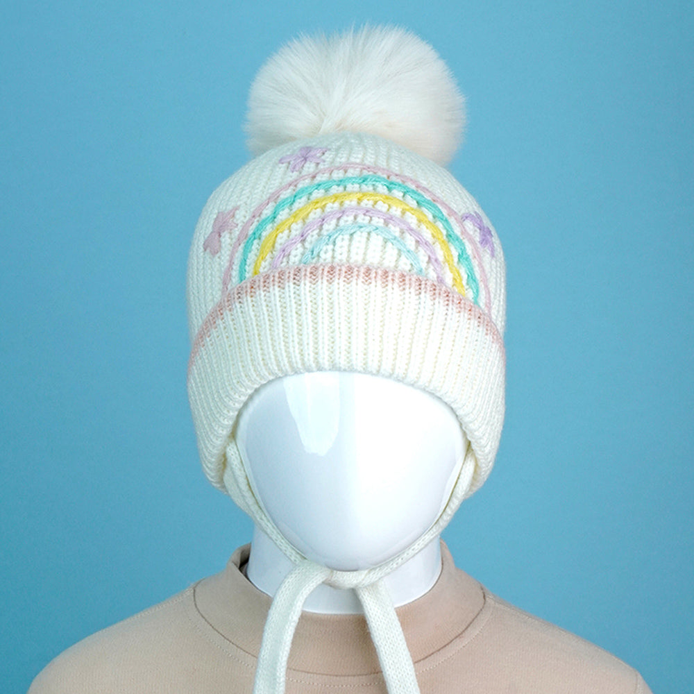 Cream Embroidered Rainbow Knitted Woolen Winter Cap/ Beanie for Kids, 3-10 Years