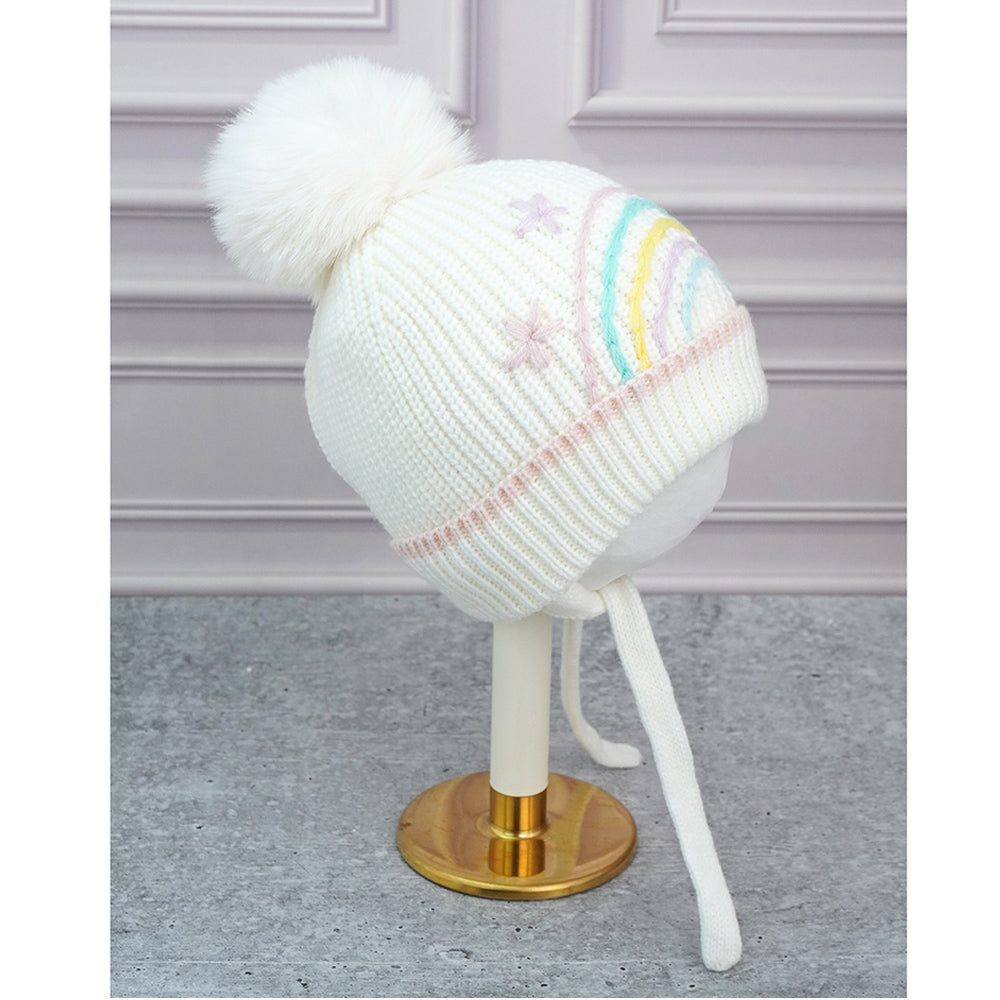 Cream Embroidered Rainbow Knitted Woolen Winter Cap/ Beanie for Kids, 3-10 Years