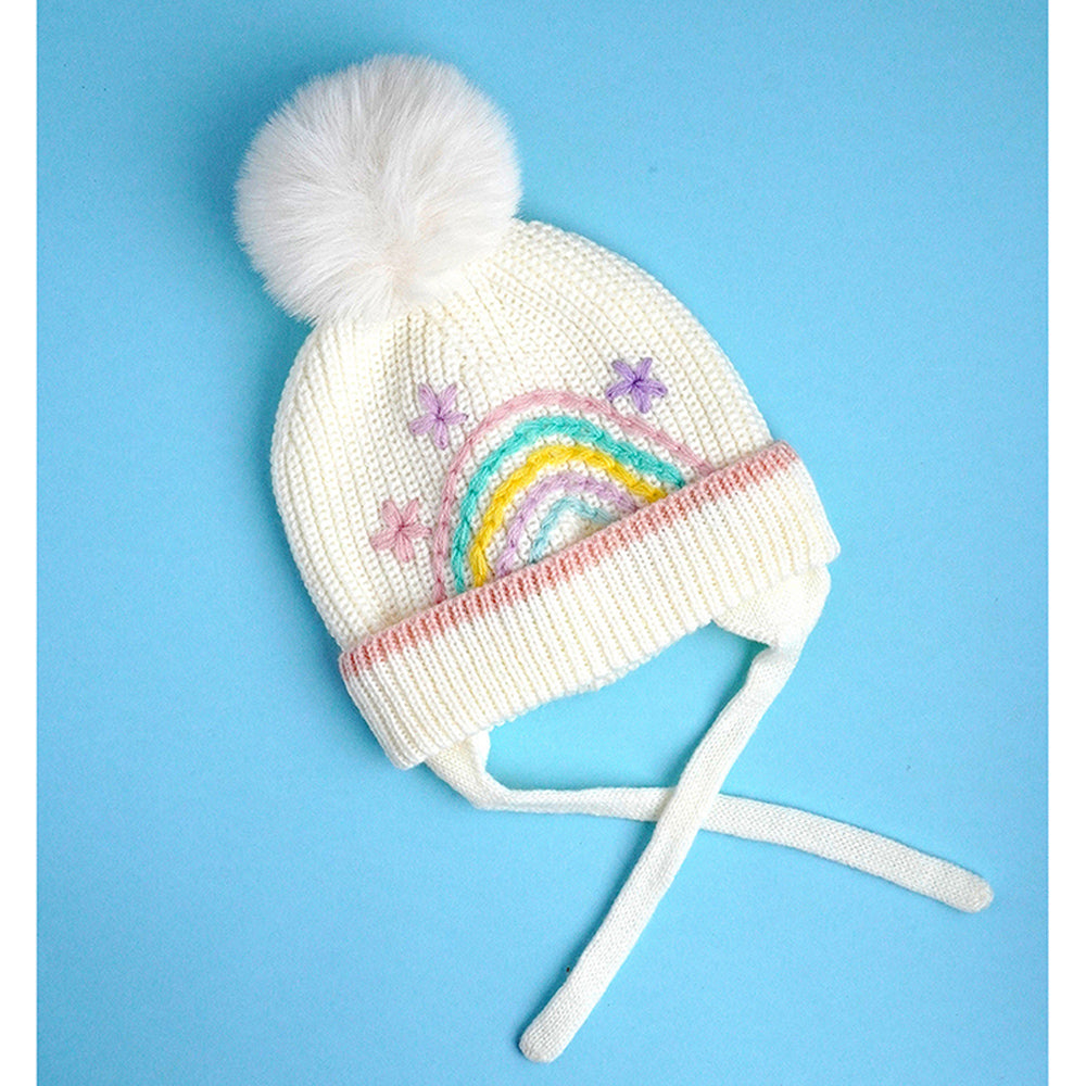 Cream Embroidered Rainbow Knitted Woolen Winter Cap/ Beanie for Kids, 3-10 Years