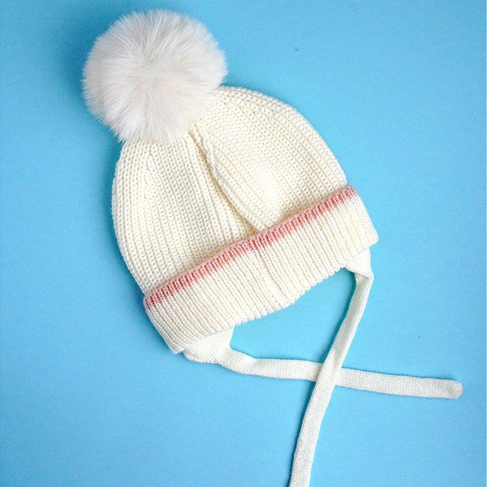 Cream Embroidered Rainbow Knitted Woolen Winter Cap/ Beanie for Kids, 3-10 Years