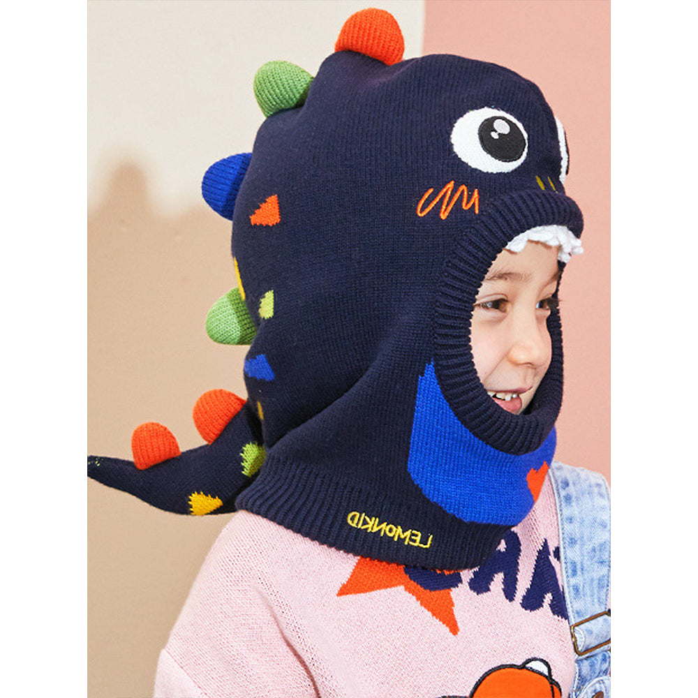 Knitted Dino Mini Heart themed Winter Cap covering  Neck , Ears and Head