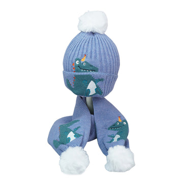 Little Surpise Box , 2pcs Blue party Dino themed Beanie Winter Cap with matching Long style Neck Mufflers for Kids