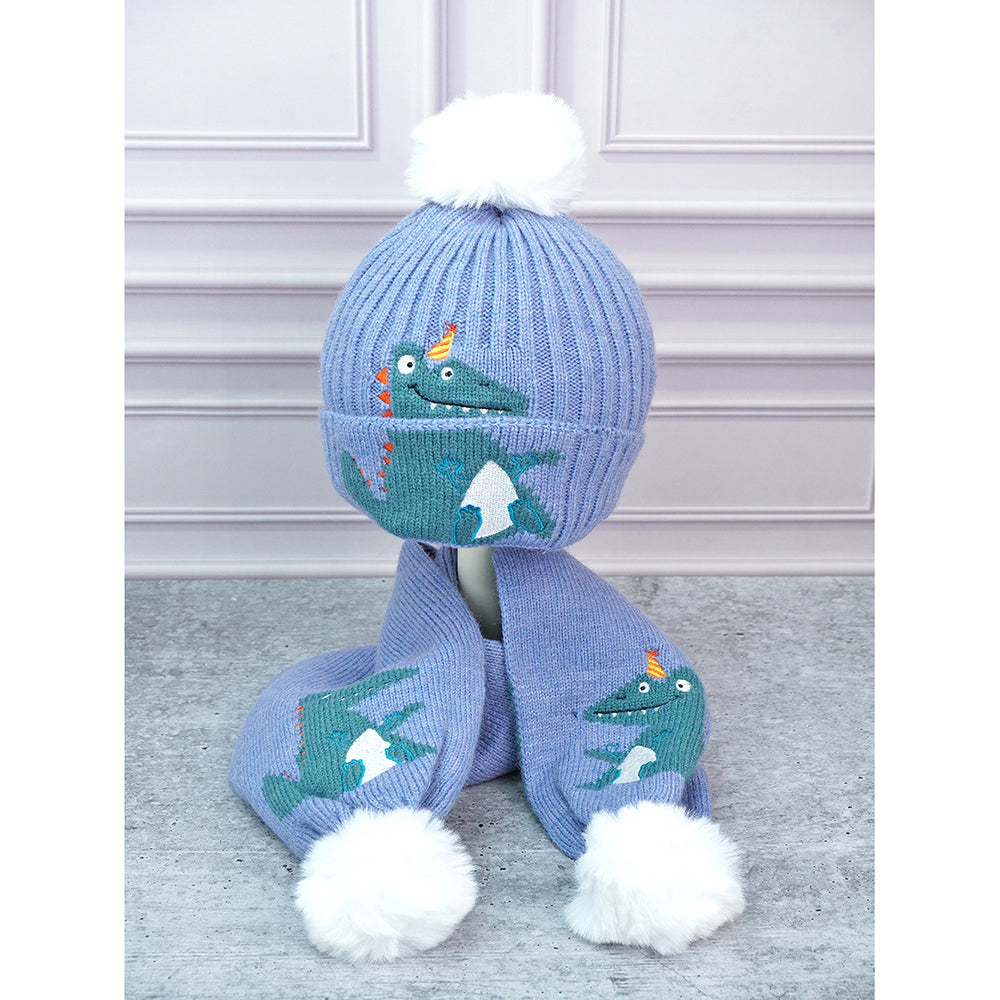 Little Surpise Box , 2pcs Blue party Dino themed Beanie Winter Cap with matching Long style Neck Mufflers for Kids, 4-10 Years