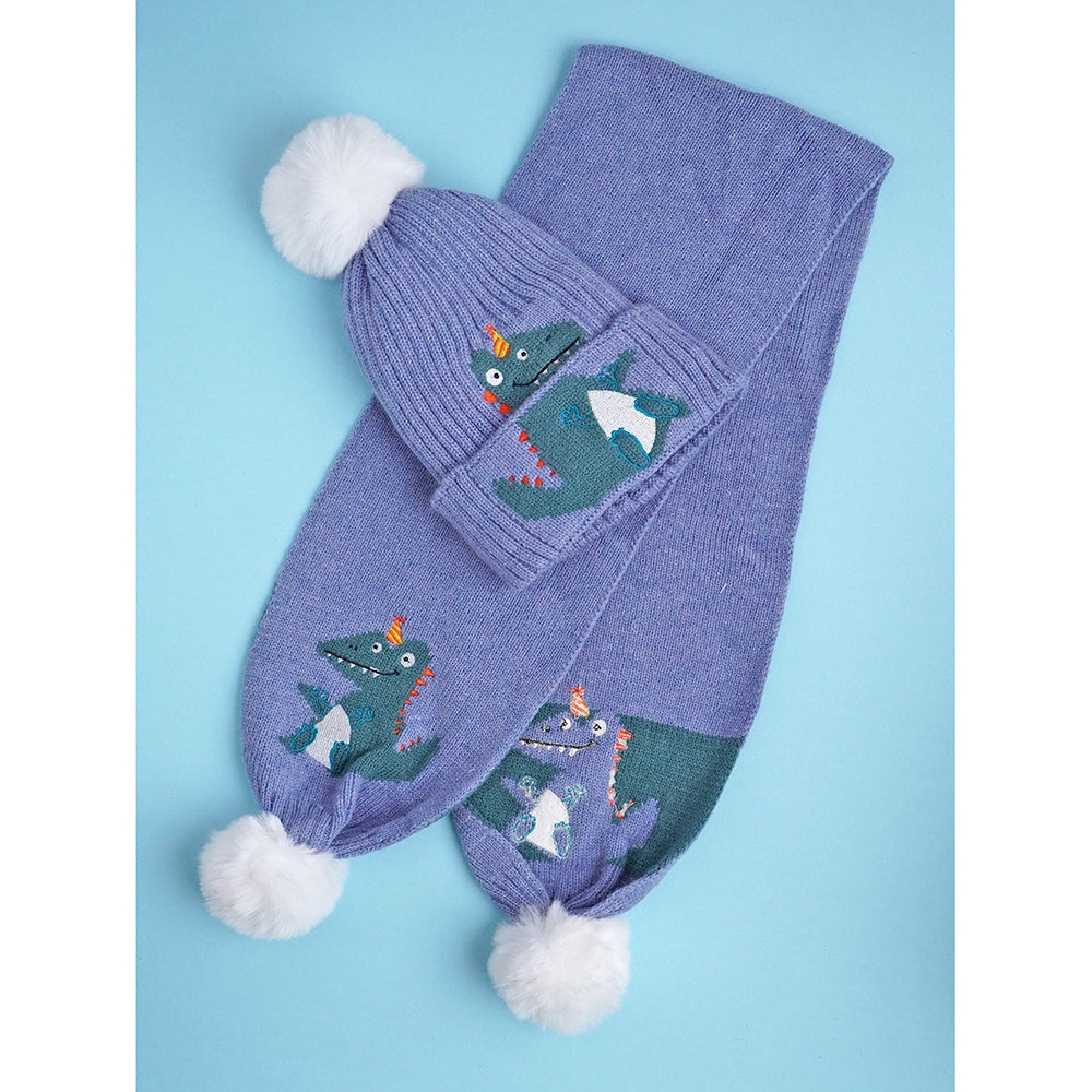 Little Surpise Box , 2pcs Blue party Dino themed Beanie Winter Cap with matching Long style Neck Mufflers for Kids, 4-10 Years
