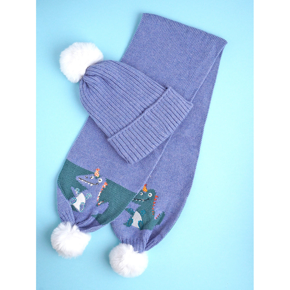 Little Surpise Box , 2pcs Blue party Dino themed Beanie Winter Cap with matching Long style Neck Mufflers for Kids, 4-10 Years