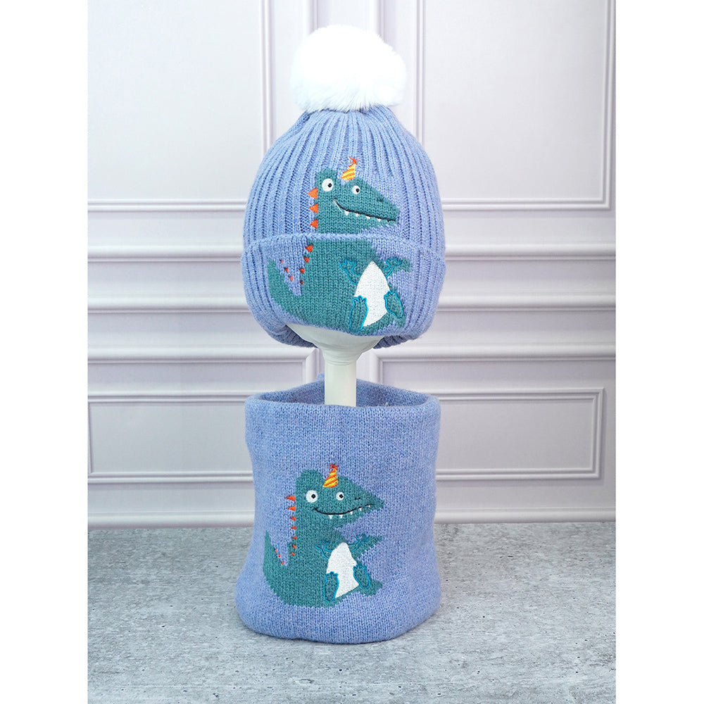 2pcs themed Blue party Dino themed Beanie Winter Cap with matching Neck Cuff style Muffler for Kids, 4-10 Years