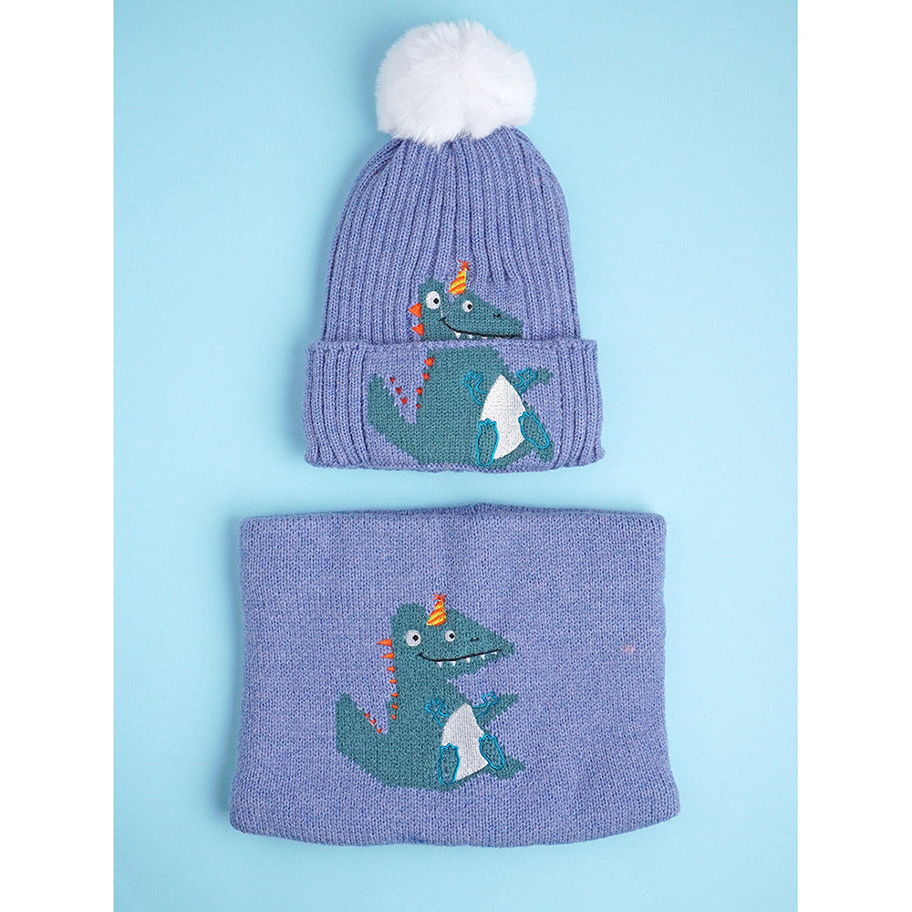 2pcs themed Blue party Dino themed Beanie Winter Cap with matching Neck Cuff style Muffler for Kids, 4-10 Years