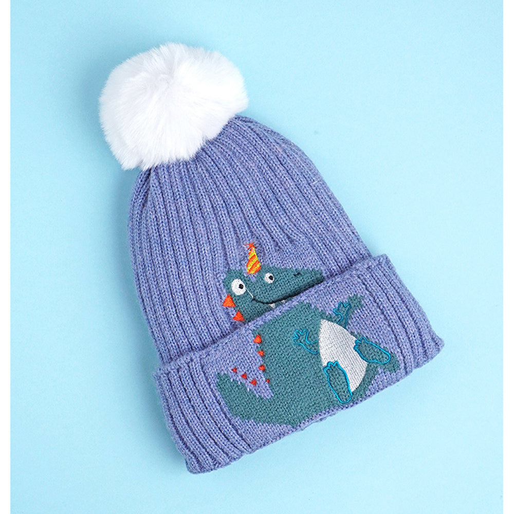 2pcs themed Blue party Dino themed Beanie Winter Cap with matching Neck Cuff style Muffler for Kids, 4-10 Years