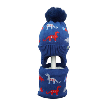 2pcs Blue & Red Dino themed Beanie Winter Cap with matching Neck Cuff style Muffler for Kids