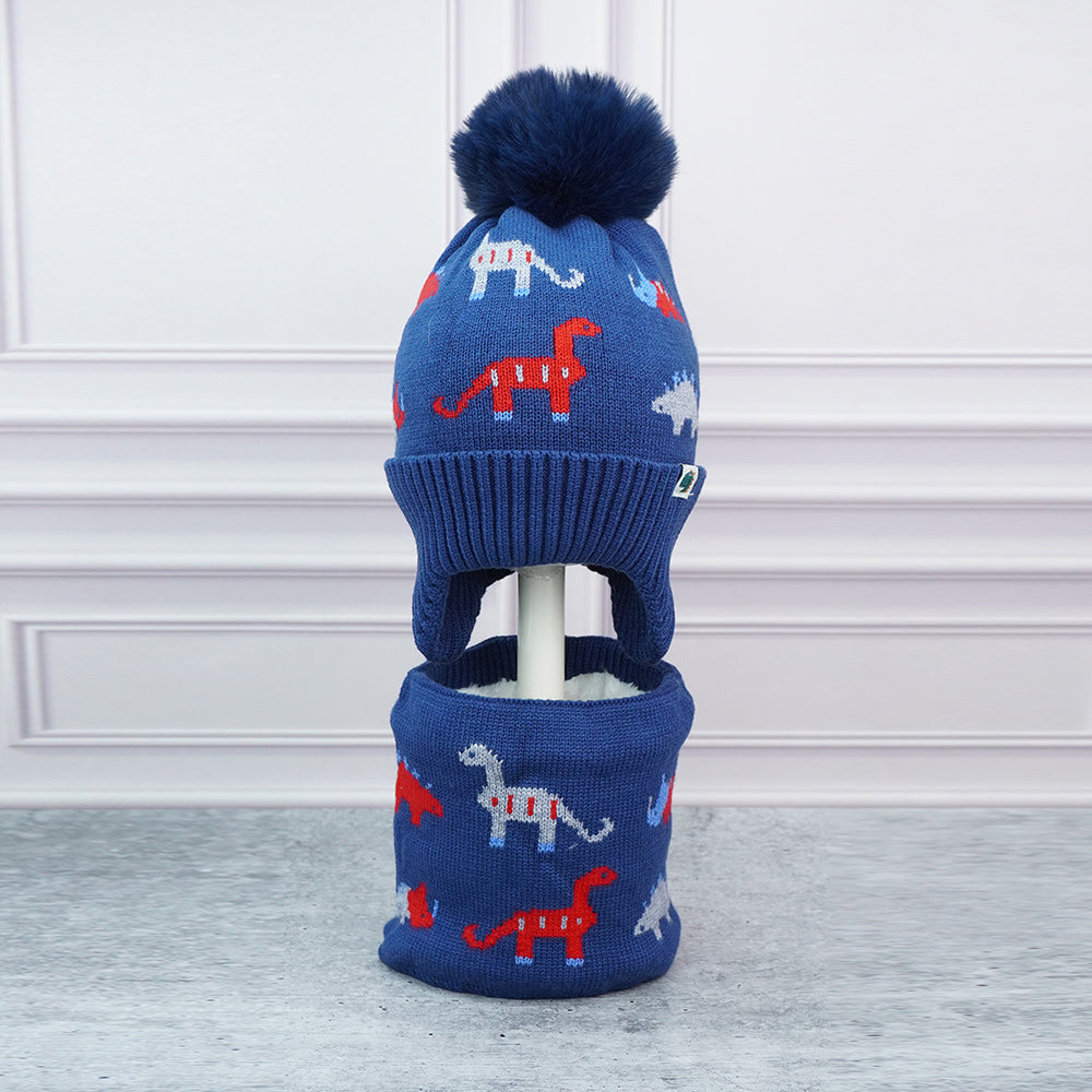 2pcs Blue & Red Dino themed Beanie Winter Cap with matching Neck Cuff style Muffler for Kids, 5-15 Years