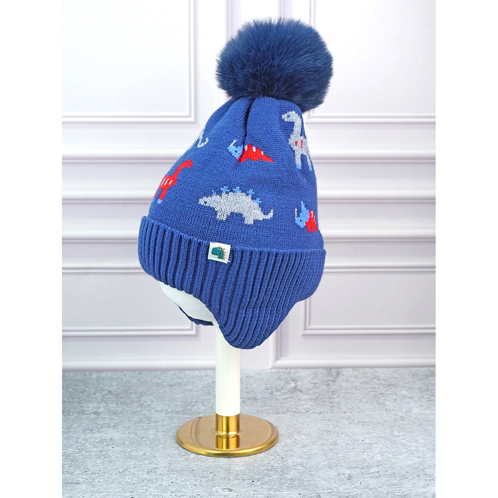 2pcs Blue & Red Dino themed Beanie Winter Cap with matching Neck Cuff style Muffler for Kids, 5-15 Years