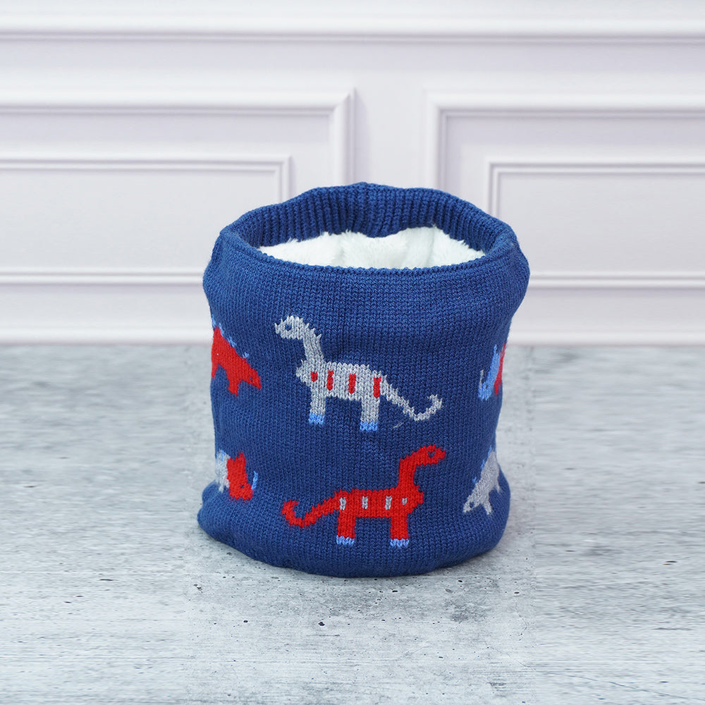 2pcs Blue & Red Dino themed Beanie Winter Cap with matching Neck Cuff style Muffler for Kids, 5-15 Years