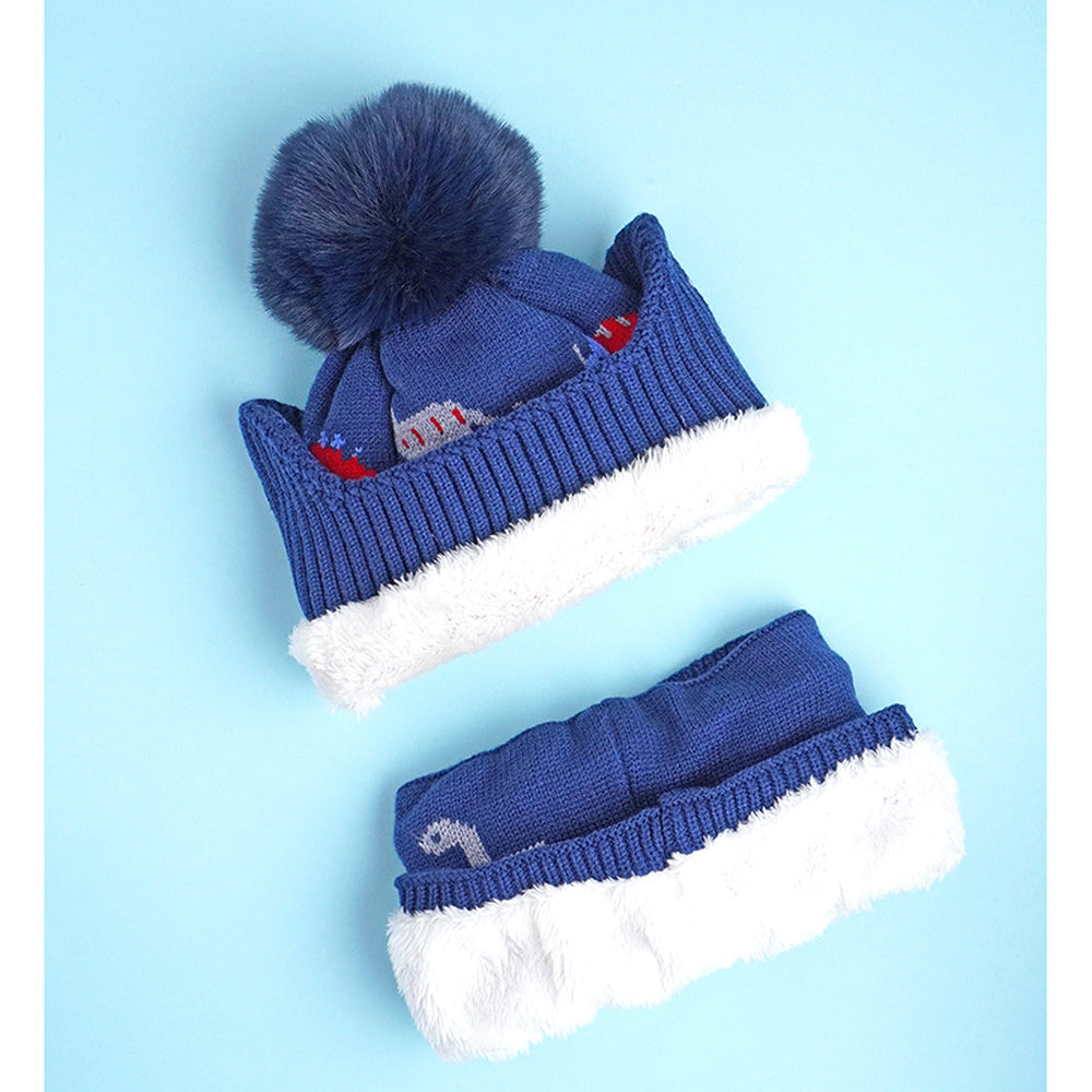 2pcs Blue & Red Dino themed Beanie Winter Cap with matching Neck Cuff style Muffler for Kids, 5-15 Years