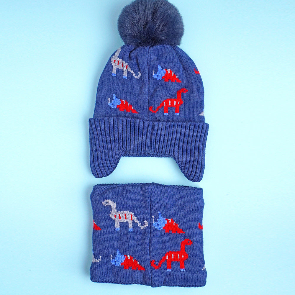 2pcs Blue & Red Dino themed Beanie Winter Cap with matching Neck Cuff style Muffler for Kids, 5-15 Years