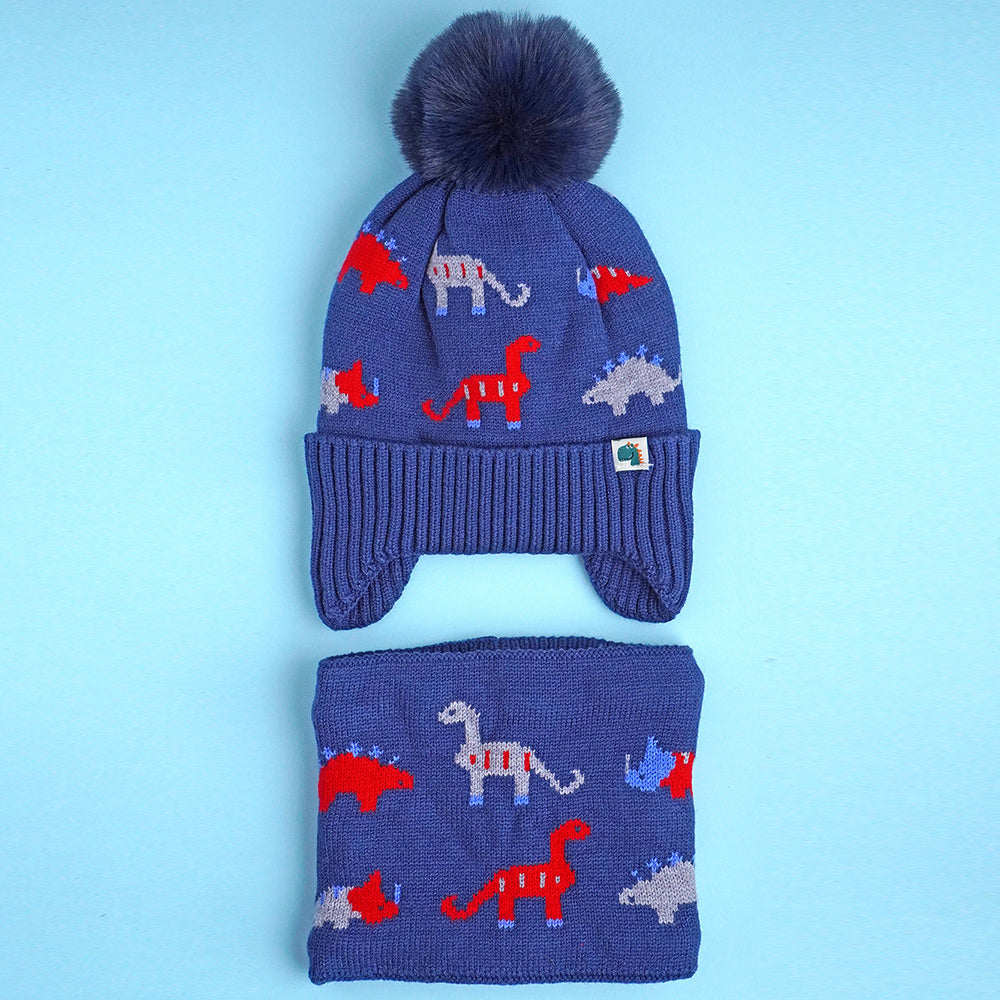 2pcs Blue & Red Dino themed Beanie Winter Cap with matching Neck Cuff style Muffler for Kids, 5-15 Years