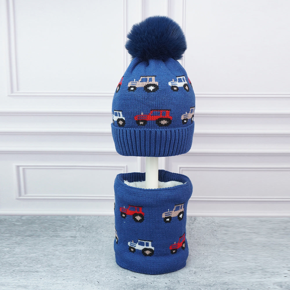 2pcs Dark Navy Cars themed Beanie Winter Cap with matching Neck Cuff style Muffler for Kids, 5-10 Years
