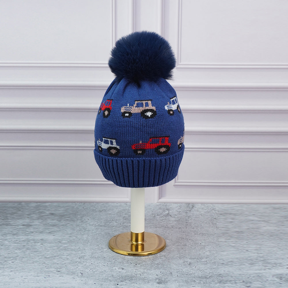 2pcs Dark Navy Cars themed Beanie Winter Cap with matching Neck Cuff style Muffler for Kids, 5-10 Years