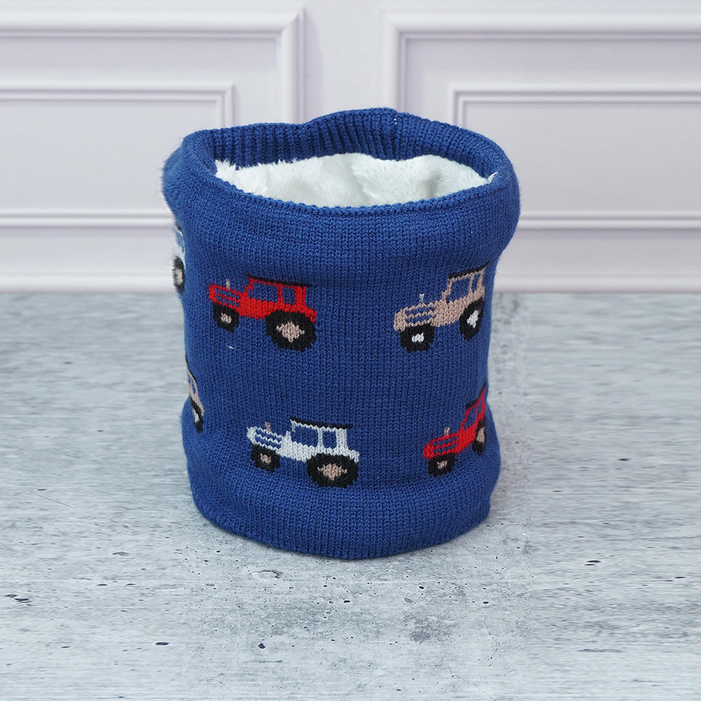 2pcs Dark Navy Cars themed Beanie Winter Cap with matching Neck Cuff style Muffler for Kids, 5-10 Years