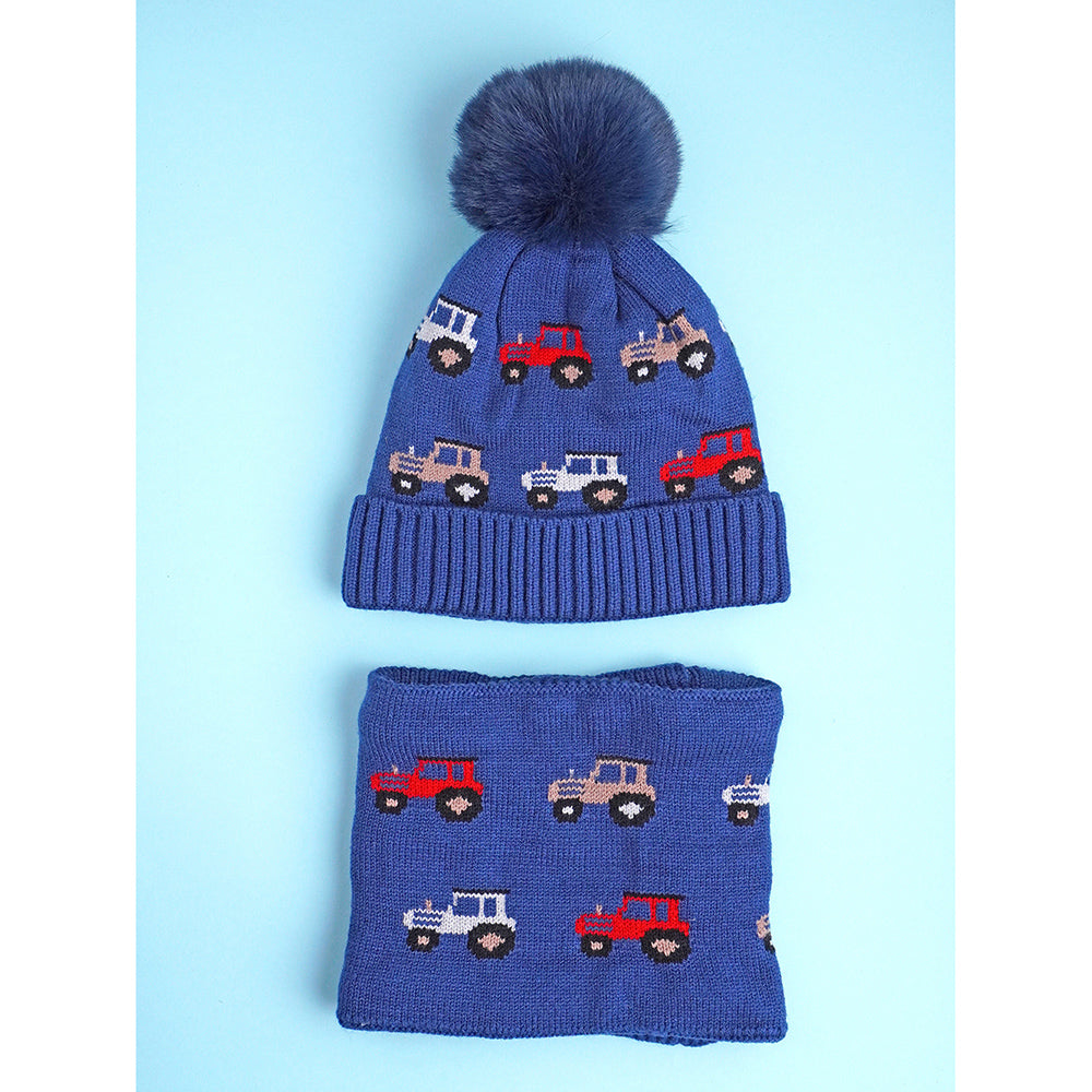 2pcs Dark Navy Cars themed Beanie Winter Cap with matching Neck Cuff style Muffler for Kids, 5-10 Years
