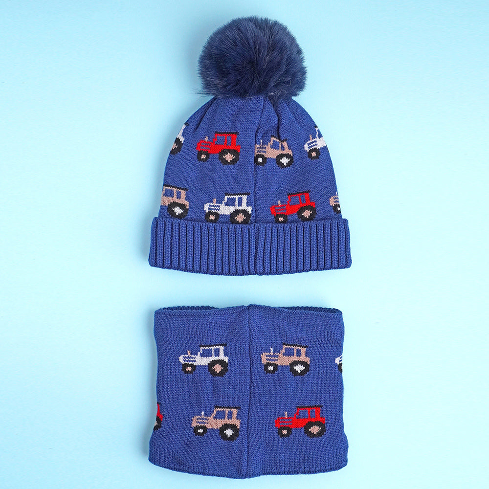 2pcs Dark Navy Cars themed Beanie Winter Cap with matching Neck Cuff style Muffler for Kids, 5-10 Years