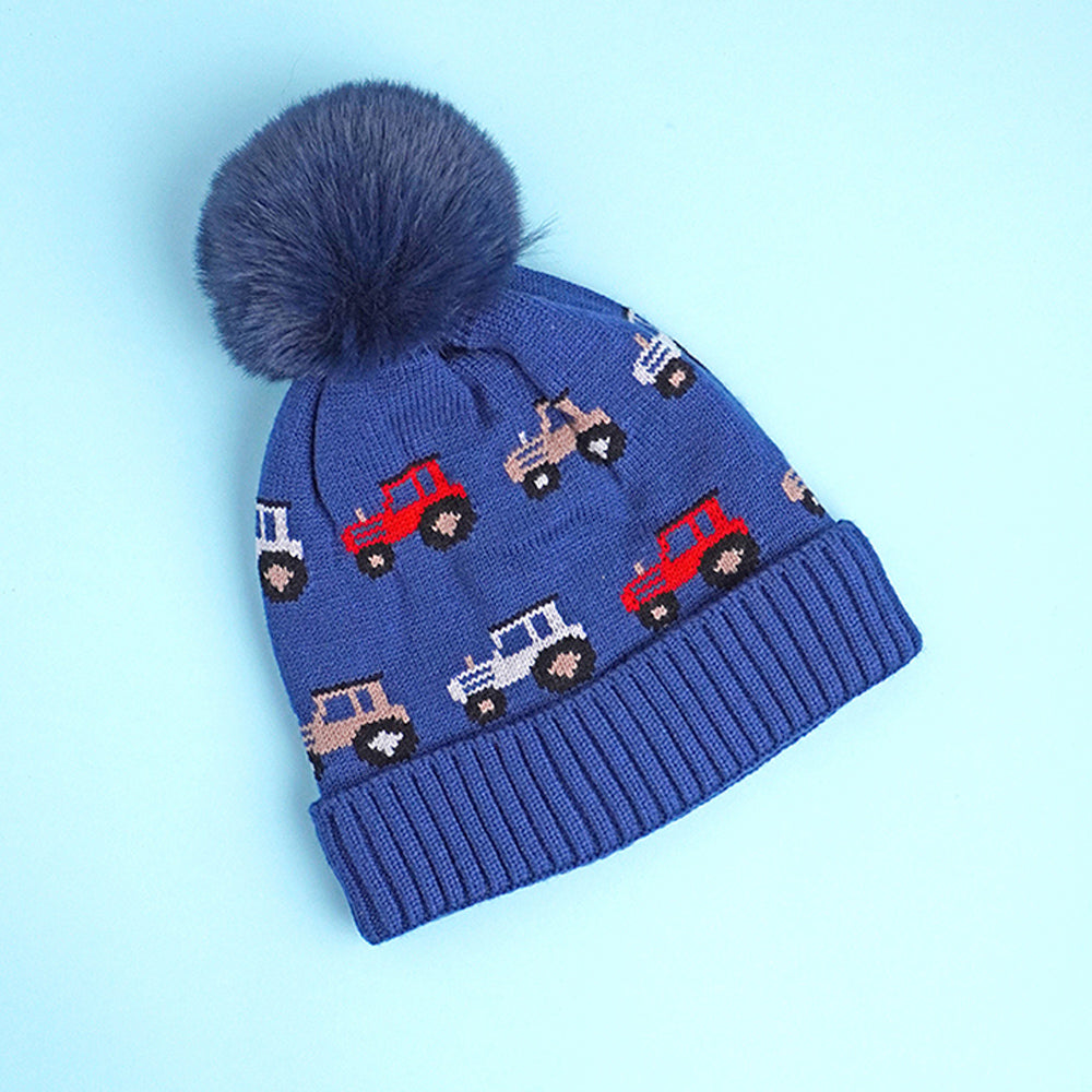 2pcs Dark Navy Cars themed Beanie Winter Cap with matching Neck Cuff style Muffler for Kids, 5-10 Years