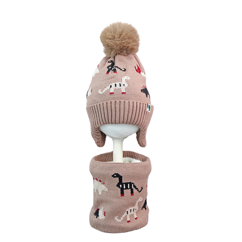 Little Surpise Box , 2pcs Brown Dino themed Beanie Winter Cap with matching Neck Cuff style Muffler for Kids