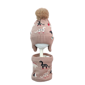 Little Surpise Box , 2pcs Brown Dino themed Beanie Winter Cap with matching Neck Cuff style Muffler for Kids