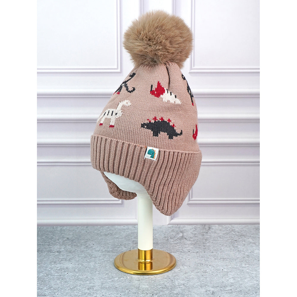 2pcs Brown Dino themed Beanie Winter Cap with matching Neck Cuff style Muffler for Kids, 5-15 Years