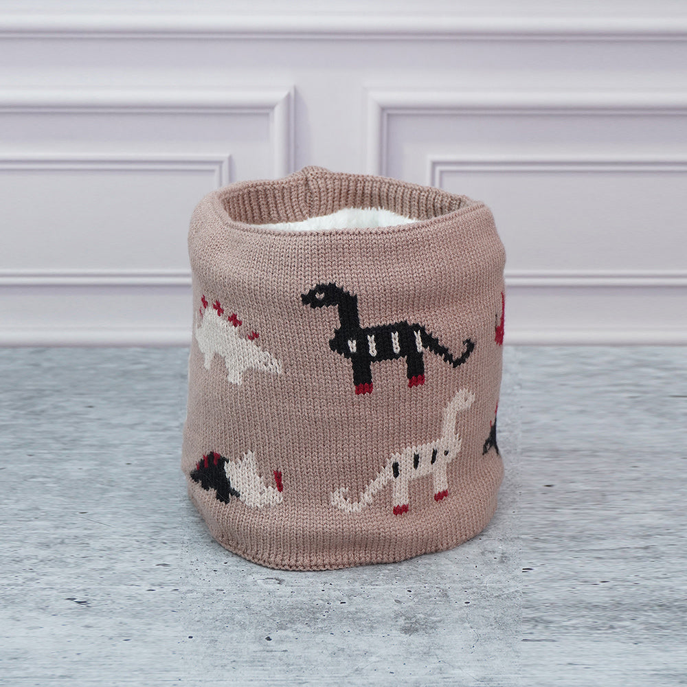 2pcs Brown Dino themed Beanie Winter Cap with matching Neck Cuff style Muffler for Kids, 5-15 Years