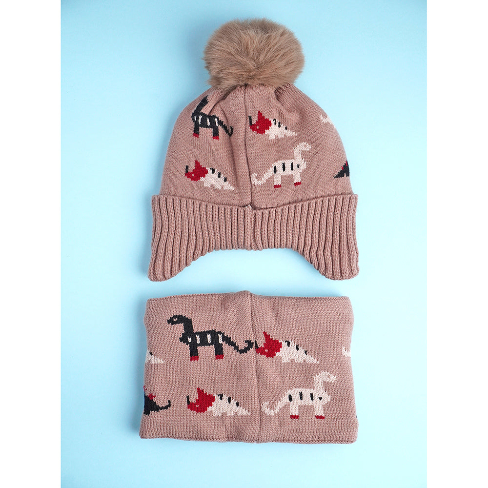 2pcs Brown Dino themed Beanie Winter Cap with matching Neck Cuff style Muffler for Kids, 5-15 Years