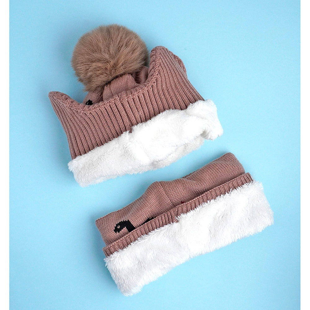2pcs Brown Dino themed Beanie Winter Cap with matching Neck Cuff style Muffler for Kids, 5-15 Years