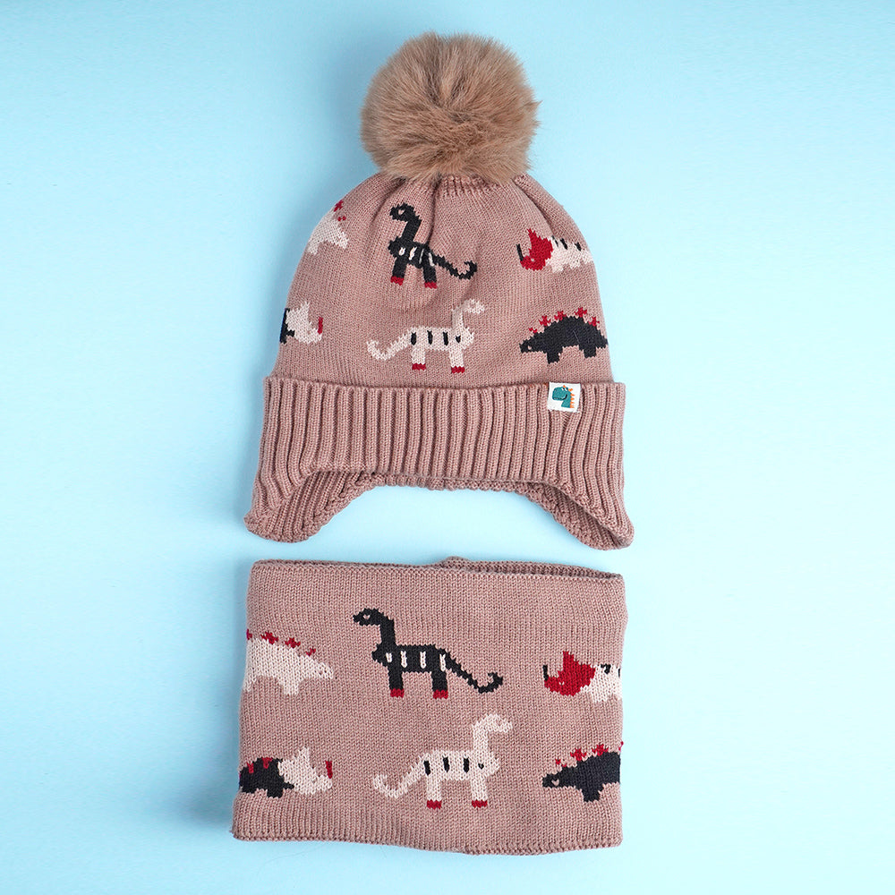 2pcs Brown Dino themed Beanie Winter Cap with matching Neck Cuff style Muffler for Kids, 5-15 Years