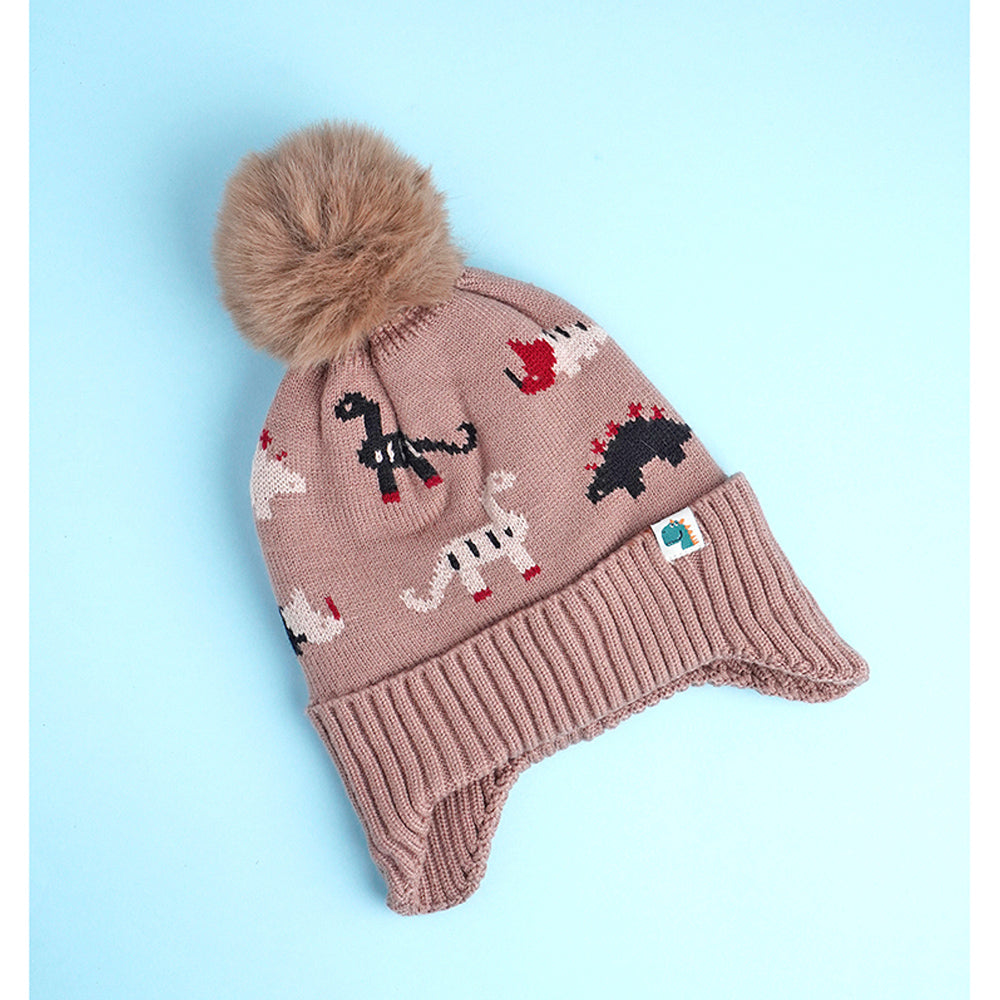 2pcs Brown Dino themed Beanie Winter Cap with matching Neck Cuff style Muffler for Kids, 5-15 Years