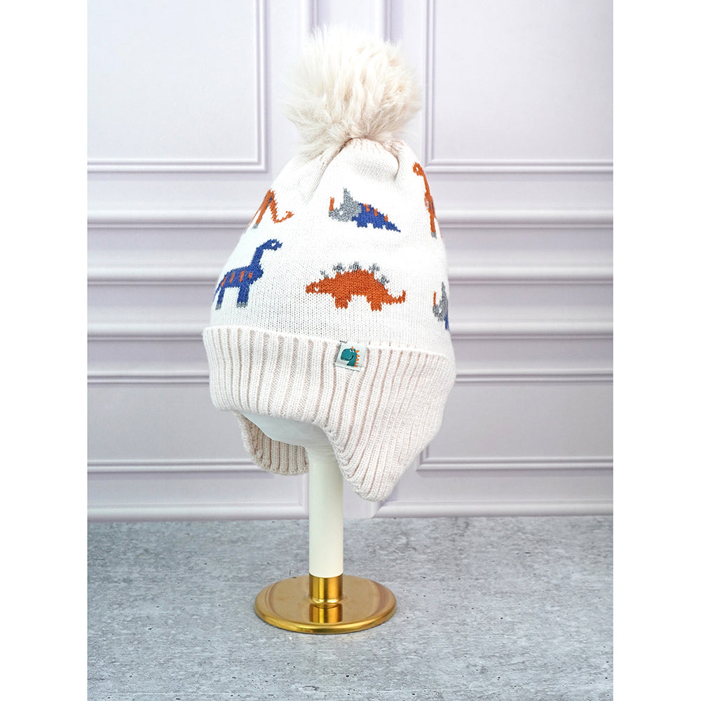 2pcs Cream Dino themed Beanie Winter Cap with matching Neck Cuff style Muffler for Kids, 5-15 Years