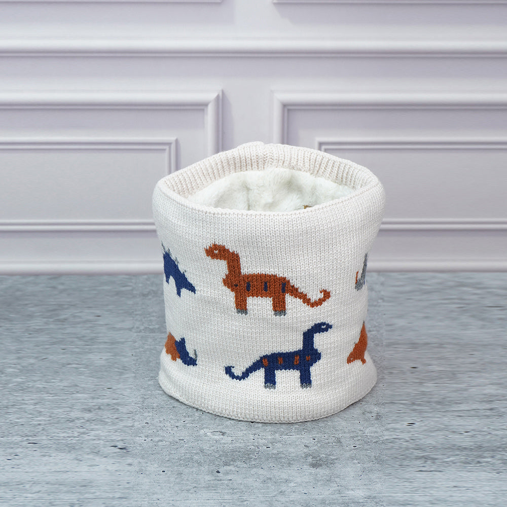 2pcs Cream Dino themed Beanie Winter Cap with matching Neck Cuff style Muffler for Kids, 5-15 Years