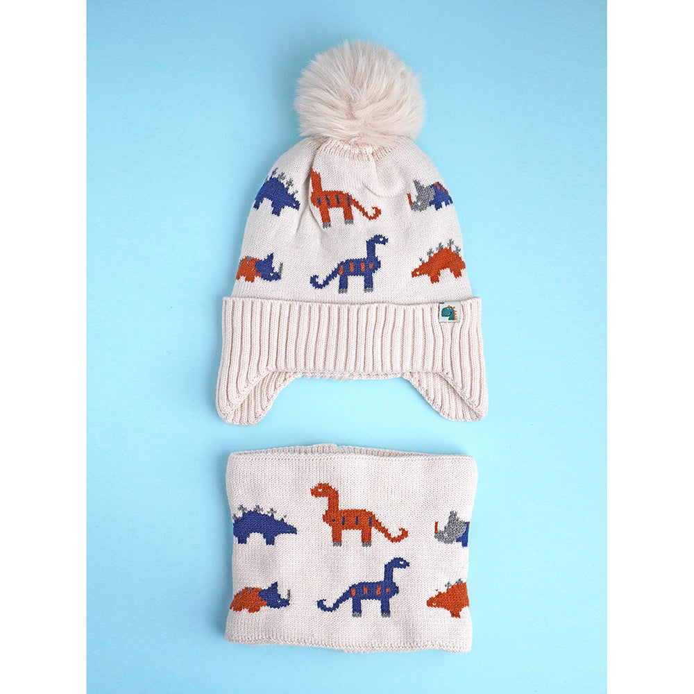 2pcs Cream Dino themed Beanie Winter Cap with matching Neck Cuff style Muffler for Kids, 5-15 Years