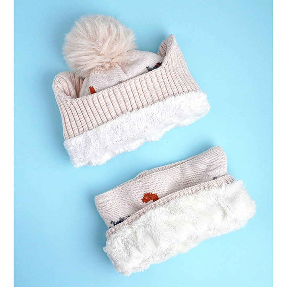 2pcs Cream Dino themed Beanie Winter Cap with matching Neck Cuff style Muffler for Kids, 5-15 Years
