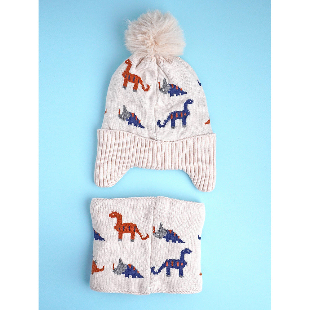 2pcs Cream Dino themed Beanie Winter Cap with matching Neck Cuff style Muffler for Kids, 5-15 Years