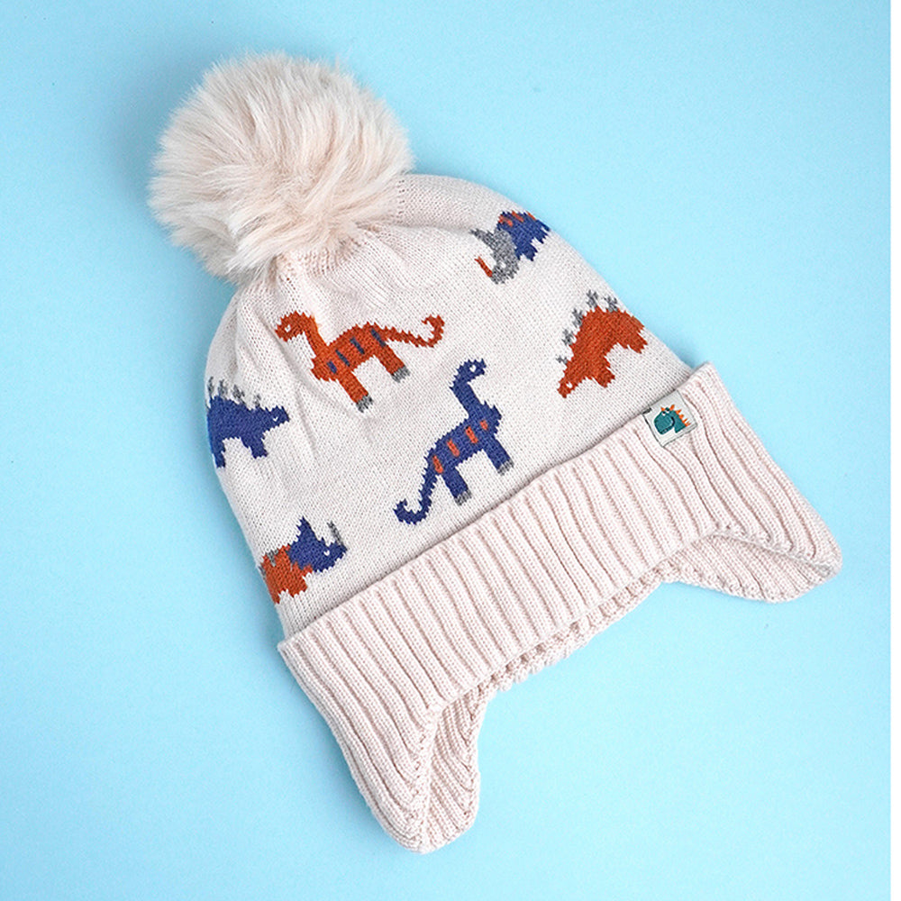 2pcs Cream Dino themed Beanie Winter Cap with matching Neck Cuff style Muffler for Kids, 5-15 Years