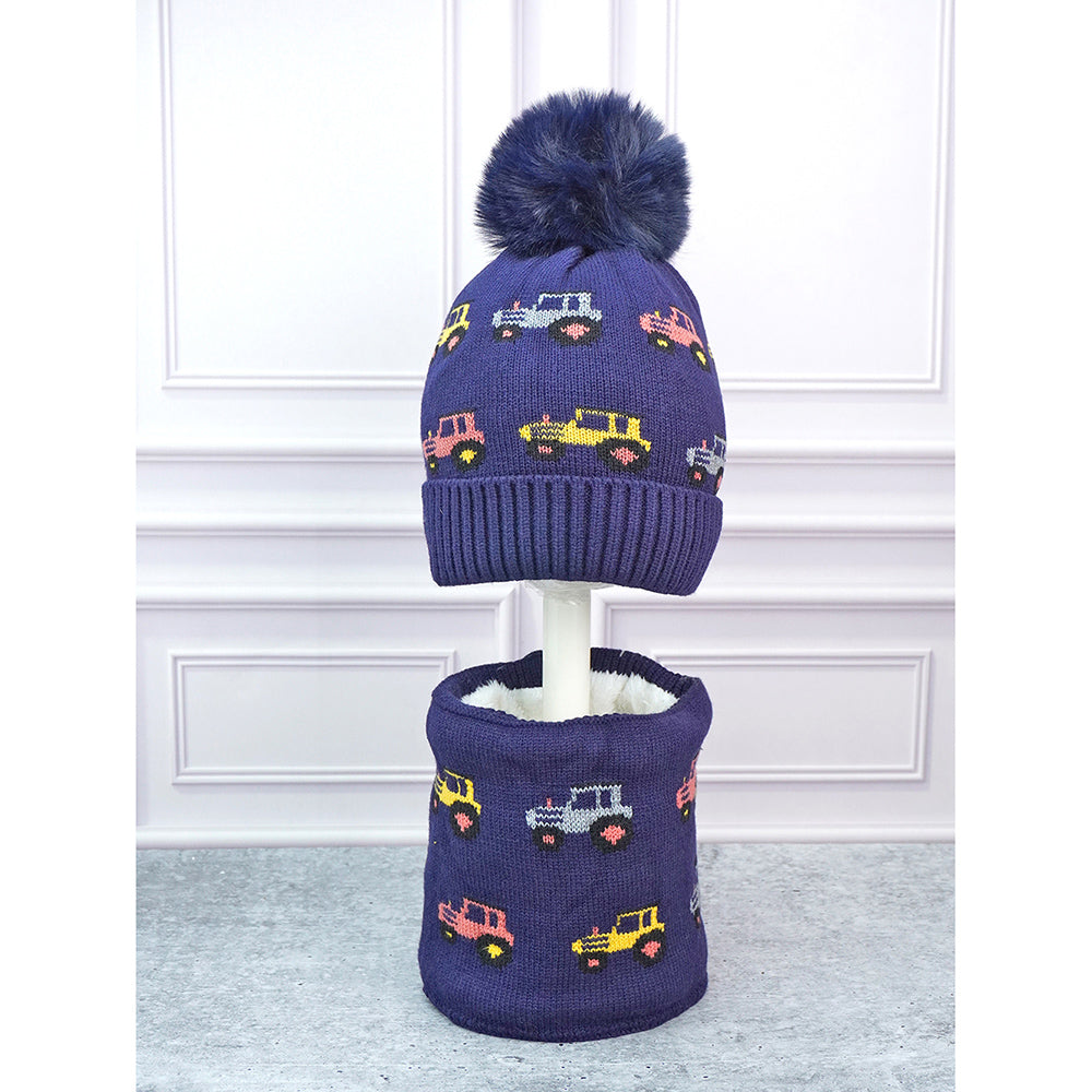 2pcs Blue Red Cars themed Beanie Winter Cap with matching Neck Cuff style Muffler for Kids