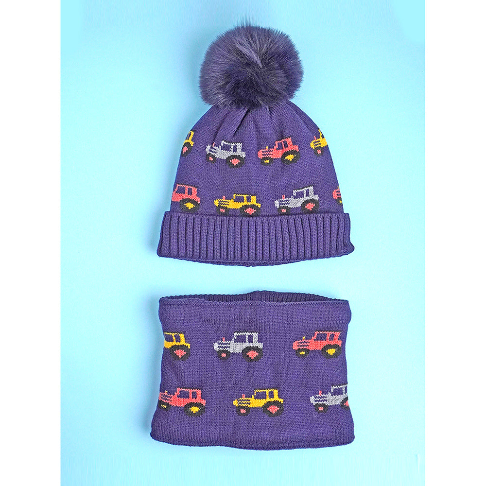 2pcs Blue Red Cars themed Beanie Winter Cap with matching Neck Cuff style Muffler for Kids, 5-10 Years