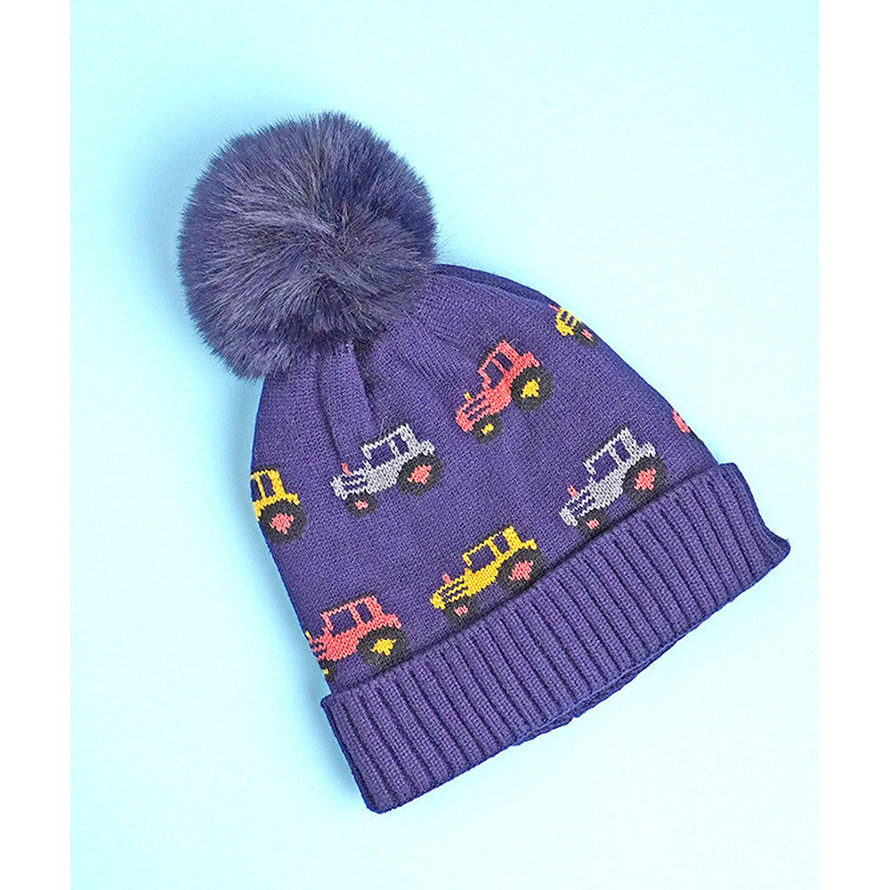 2pcs Blue Red Cars themed Beanie Winter Cap with matching Neck Cuff style Muffler for Kids, 5-10 Years