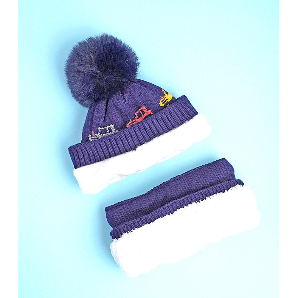 2pcs Blue Red Cars themed Beanie Winter Cap with matching Neck Cuff style Muffler for Kids, 5-10 Years