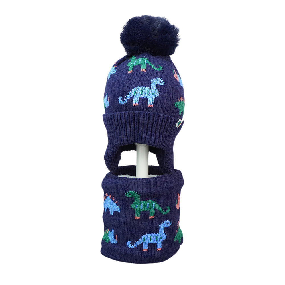 2pcs Dark Navy Dino themed Beanie Winter Cap with matching Neck Cuff style Muffler for Kids