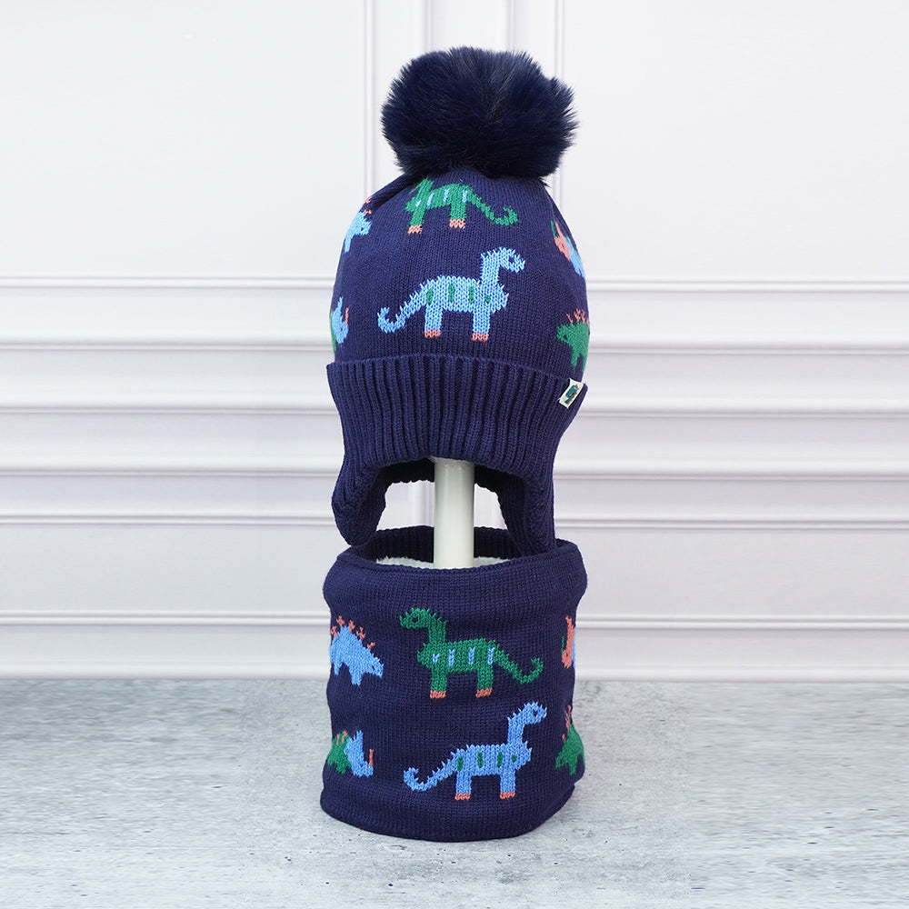2pcs Dark Navy Dino themed Beanie Winter Cap with matching Neck Cuff style Muffler for Kids, 5-15 Years