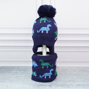 2pcs Dark Navy Dino themed Beanie Winter Cap with matching Neck Cuff style Muffler for Kids